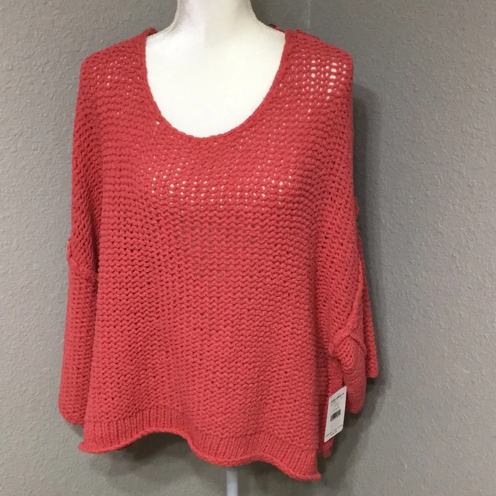 Free People Coral Open-Knit Scoop Neck Sweater